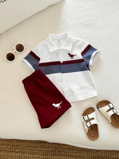 SHEIN Set de 2 piezas Camisa de manga corta a rayas y pantalones cortos burdeos casuales para niño pequeño, conjunto de ropa para bebé niño, camisa de manga corta