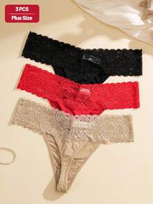 NudeFit 3pcs Women Plus Size Low-Waist Solid Color Floral Lace Sexy Thong Panties - Multicolor - View 1