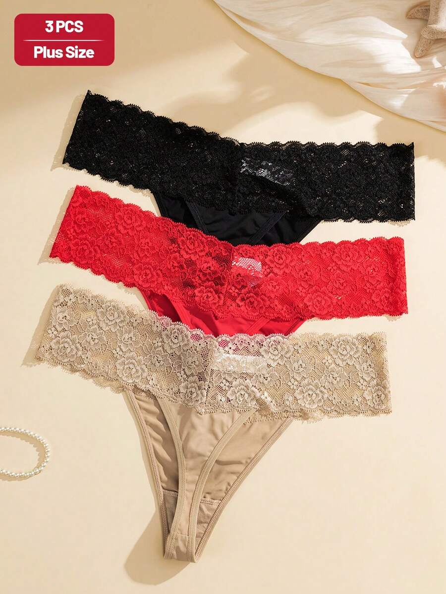 NudeFit 3pcs Women Plus Size Low-Waist Solid Color Floral Lace Sexy Thong Panties - Multicolor - View 1