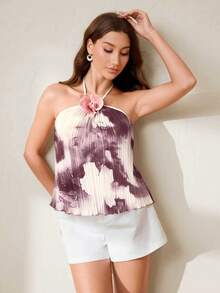 Uhlyne 时尚针织褶皱印花无袖吊带上衣，优雅度假风女装，设计师款上衣，女士夏季连衣裙，女士泳装，夏季女装，连衣裙，夏季套装，沙滩装，褶皱女式上衣，夏季女式上衣，夏季女式上衣，吊带上衣，吊带衫，吊带衫 - 紫色 - 查看 3