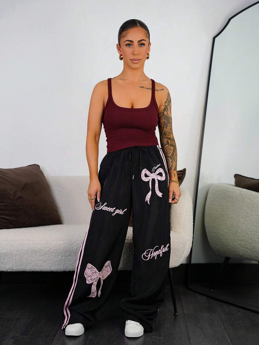 SAYEHFBABY Y2k Bottoms Woven Black Pants With Pink Bow Print Wide Leg Trousers,Fall - Black - View 1