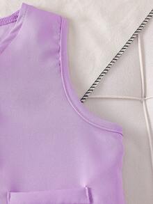 Souflis Souflis 少女甜美粉色无袖珍珠纽扣背心+蝴蝶结百褶裙两件套，优雅淑女风休闲装，夏季 - 紫色 - 查看 7