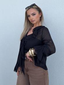 Jeta Ari Elegant French Chiffon Lantern Sleeve V-Neck Tie Front Loose Casual Blouse For Women, Autumn - Black - View 6