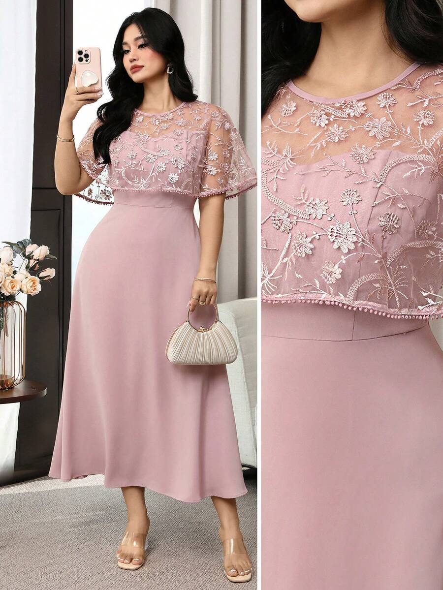 Modelyn Đầm dự tiệc cỡ lớn dành cho nữ, thêu hoa, cổ tròn, eo thắt. - Màu Hồng San hô - Xem 1