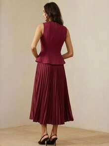 BELROSIE Fashionable & Elegant Commuting Thick Fabric + Pleated Skirt Sleeveless Dress, Suitable For Early Autumn - Burgundy - View 3
