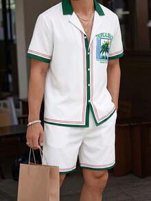 SHEIN 2件套青少年男童白色撞色独角兽、棕榈树、字母印花短袖衬衫和短裤套装，休闲舒适，百搭，适合日常穿着、上学、郊游、户外活动、音乐节、假期、海滩度假、夏季、春夏穿着。 - 白色 - 查看 4