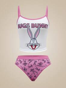 LOONEY TUNES X SHEIN 女士字母卡通印花吊带文胸套装 - 粉色 - 查看 6