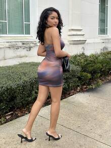 Alexandranx 休闲优雅性感抽象图案棕色咖啡性感全印花抹胸紧身休闲夏装，适合夏季、度假、派对 - 彩色 - 查看 4