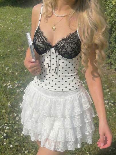 SHEIN MOD Women's Lace Patchwork Polka Dot Camisole, Spring/Summer, Elegant Top, Going Out Top , Birthday, Carnival Costume , Party, Casual Tee For Women,Vacation Outfits, Retro, Vintage,Country Outfits, Going Out,Picnic, Party, Prom, Festival,Birthday Wear, Cottagecore,Tea Party,