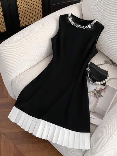 GlowEve CURVE Plus Size Women Solid Color Faux Pearl Decor Round Neck Sleeveless Elegant Dress