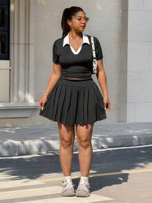 Muchica Plus Size Women 2pcs/Set Contrast Color Polo T-Shirt & Pleated Mini Skirt,Black And White,Summer,Casual,Bussines,School,Back-To-School - Black and White - View 6