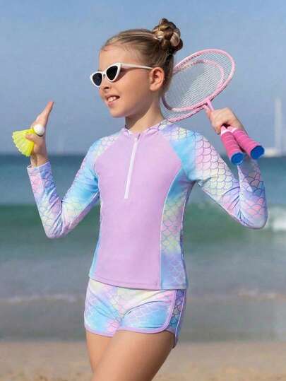 SHEIN 少女吊带比基尼上衣，美人鱼鳞片印花，时尚可爱，带拉链，适合度假，释放夏日风情