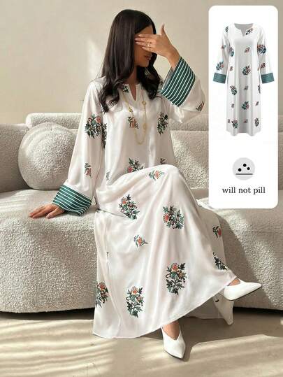 Yasmyna Women's Loose Fit Printed Long Sleeve Arabic Style Dress Arabic Dress For Women White Caftan Dresses For Women Floral Embroidered Dress Modest Dress Long Dress For Women Kaftan Kaftan Dresses For Women