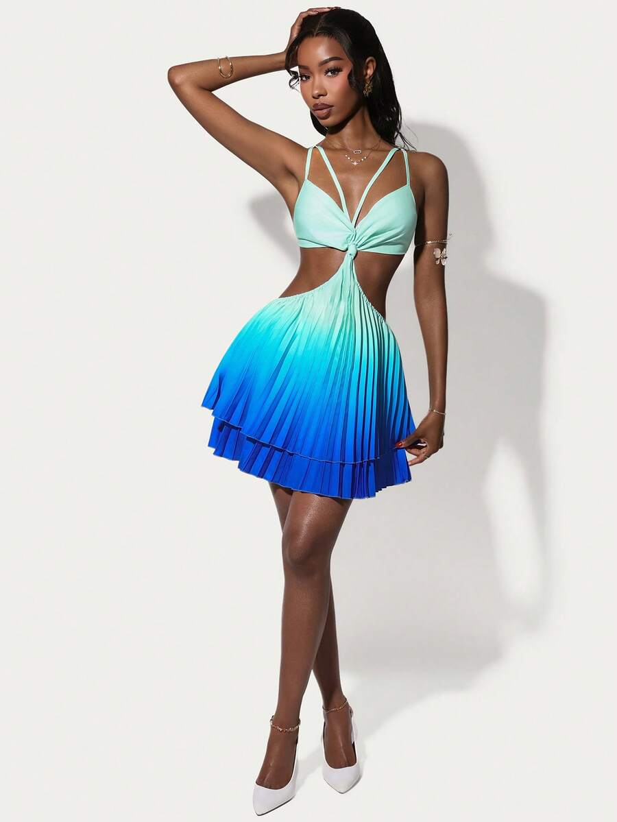 Amplova Women's Pleated Ombre Mini Skirt, A-Line Silhouette, Sexy Open Back, Waist Cutout, Cute Details, Suitable For Vacation Outfit - Multicolor - View 1