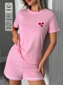 SHEIN 2 Stücke Baumwoll-Damen Schlafanzug Set mit niedlichem Herz-Muster, Kurzarm Oberteil + Shorts, bequem und gemütlich für Zuhause - Pink - Übersicht 1