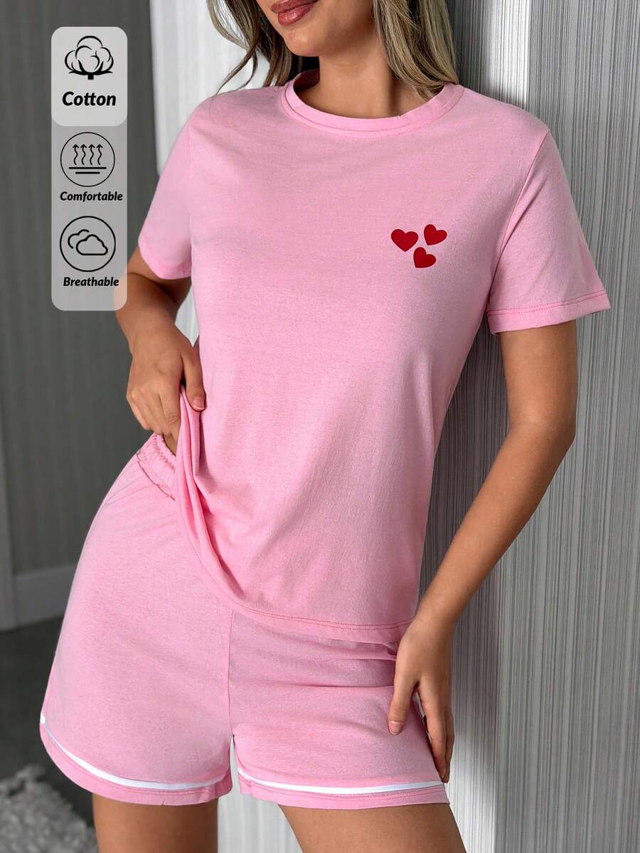 SHEIN 2 Stücke Baumwoll-Damen Schlafanzug Set mit niedlichem Herz-Muster, Kurzarm Oberteil + Shorts, bequem und gemütlich für Zuhause - Pink - Übersicht 1