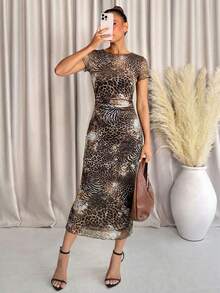 Lavishia Women's Round Neck Short Sleeve Fashionable Leopard Print Ruched Dress - Multicolor - View 1