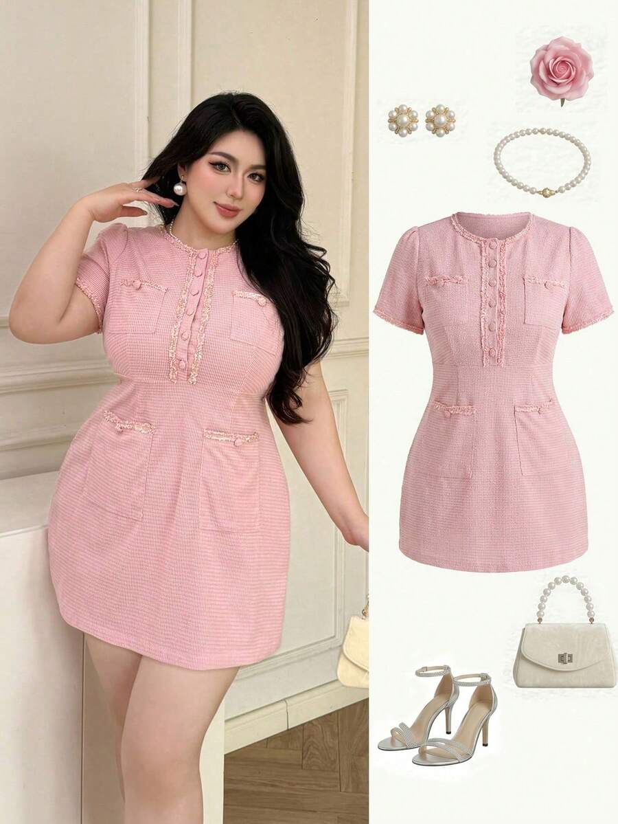 Vibekara 大码女式粉色圆领短袖纽扣设计多口袋优雅连衣裙 - 粉色 - 查看 1