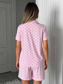 SHEIN Bow Detailed Short Sleeve Casual 2 Pieces Pajama Set With Bow Pattern And Shorts - Yellow - View 2