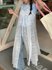 Livesso 吊带蕾丝女式时尚上衣，侧开衩 - 白色 - 查看 6