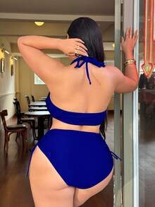 Swim SXY 大码女式纯色镂空露背系带腰部金属装饰侧抽绳性感连体泳衣 - 藍色 - 查看 2