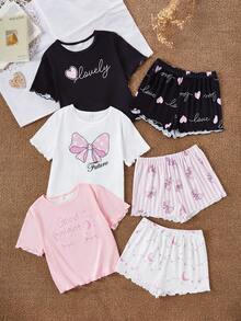 SHEIN 6pcs Girls Cute Cartoon Printed Pajama Set,Includes Tops And Bottoms,Pink And White Summer Cute Home Wear Sleep,Heart Bow Eyelash For Tween Girls - Multicolor - View 3