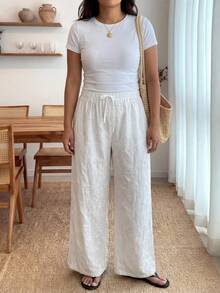 Enliva Plus Size Women White Embroidered Knotted Casual Pants, For Apple And Rounded Body Shape, For Summer - White - View 5