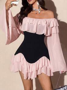 Elenzga Đầm mini dáng xòe dài tay, ôm sát, chất liệu chiffon mềm mại, thanh lịch, lãng mạn, phối đen trắng dành cho nữ cỡ lớn, thích hợp cho mùa xuân/thu. - Nhiều màu - Xem 3
