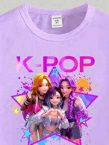 Young Girl Cartoon Print T-Shirt And Shorts Set - Multicolor - View 4