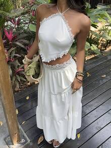 Sunnyshic 两件套春夏蕾丝拼接度假风长款荷叶边裙，可爱性感度假装 - 白色 - 查看 8
