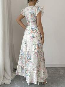 Elenzga Đầm bodycon cạp cao thêu hoa thanh lịch cho nữ, mùa xuân và mùa hè, tay lửng, dây rút - Nhiều màu - Xem 2