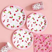 粉色蝴蝶结樱桃图案一次性餐盘、餐巾纸和杯子套装，可供20位客人使用。这款一次性派对用品套装（包括餐盘、餐巾纸和杯子）非常适合生日派对、婚礼和家庭野餐。 - 查看 4