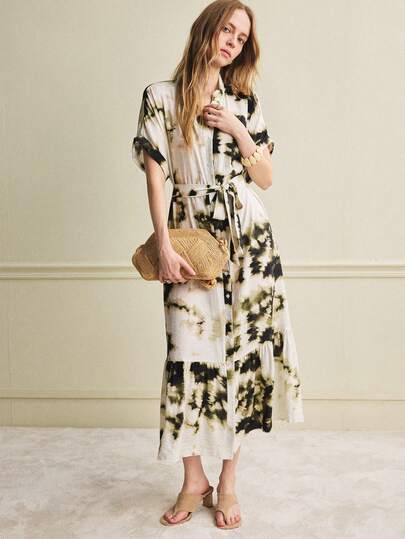 Écloséra 时尚优雅宽松复古扎染印花衬衫领开襟腰带设计女式短袖连衣裙，春夏款