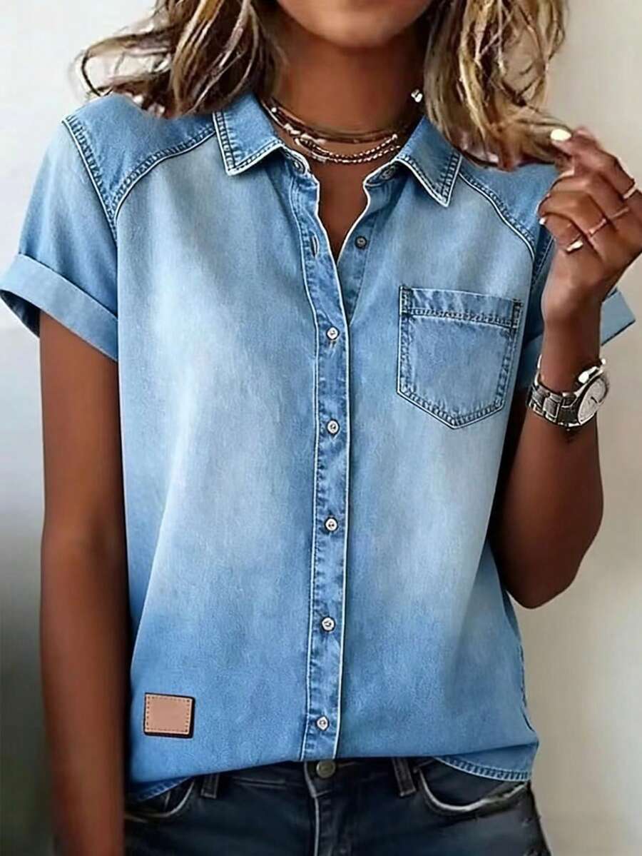 EMERY ROSE Women's Short Sleeve Single-Breasted Pocket Casual Denim Effect Shirt - Blue - View 1