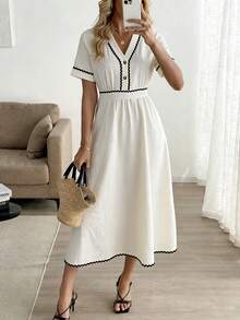 SHEIN Franclia Women's Summer Elegant White And Black Polka Dot Dress,V-Neck Short-Sleeved Long A-Line Silhouette,Wavy Ribbon Details,Brunch Vacation Office Party - Apricot - View 5