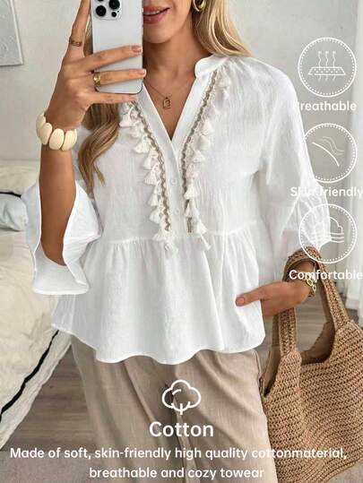 Louniche Women's Casual Vacation Solid Color Linen V-Neck Tassel Tie Blouse
