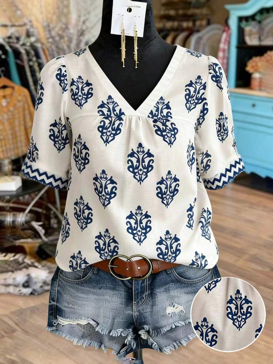 Louniche Áo sơ mi nữ cổ chữ V tay phồng in hoa, kiểu dáng thường ngày. - Màu be - Xem 1