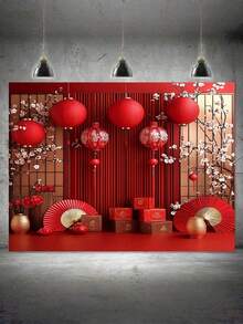 1件装中国新年红灯笼背景布 | 涤纶材质，适用于婚礼和庆典的派对装饰 - 紅 - 查看 5