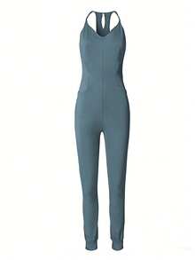 EMERY ROSE Women's Blue Knitted Spaghetti Strap Unitard Jumpsuit With Pockets Cropped Length Casual Style - Blue - View 3