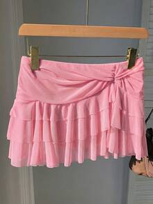 SHEIN EZwear 女士时尚不对称下摆荷叶边腰粉色蛋糕裙 - 粉色 - 查看 6