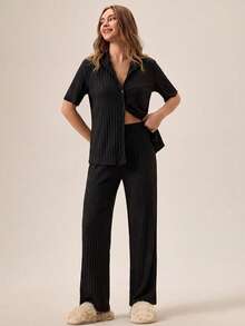 EURMUSE Women 2 Pcs Button Front Detail Short Sleeve Shirt And Long Bottoms Homewear Set - Black - View 4