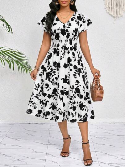 SHEIN Lady Đầm nữ thanh lịch cổ chữ V tay bồng họa tiết hoa, thích hợp cho kỳ nghỉ.