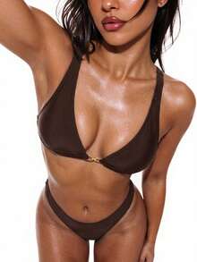 Swim Basics Women's Chocolate Brown Bikini Set,2-Piece Elegant Summer Swimwear, Metal Decor Buckle,High-Cut Leg,Adjustable Straps,Holiday Beach Party Outfit - Brown - View 5