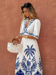 Selianne Women's Elegant Fashion Commuter Casual Comfortable Charming Retro Minimalist Romantic Holiday Short Sleeve V-Neck Waist Gathered A-Line Hem Floral Print Dress - Blue and White - View 5