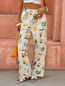 Selianne 女士休闲度假高腰系带阔腿印花裤，春夏款 - 彩色 - 查看 5