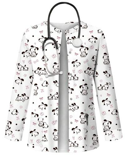 PopScrub Minimalist Line Dot Puppy Animal & Floral Cartoon Print Scrub Jacket, Spring/Summer Fashion Cardigan With Hanging Ear Design For Women Nurse Uniform Top, Uniform Jacket, Suitable For Puppy Lovers