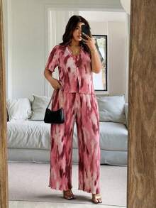 Vionelle 大码女式扎染单排扣短袖上衣和阔腿裤休闲两件套，最新款女式度假装，女士夏季休闲套装，长款休闲连衣裙 - 粉色 - 查看 6