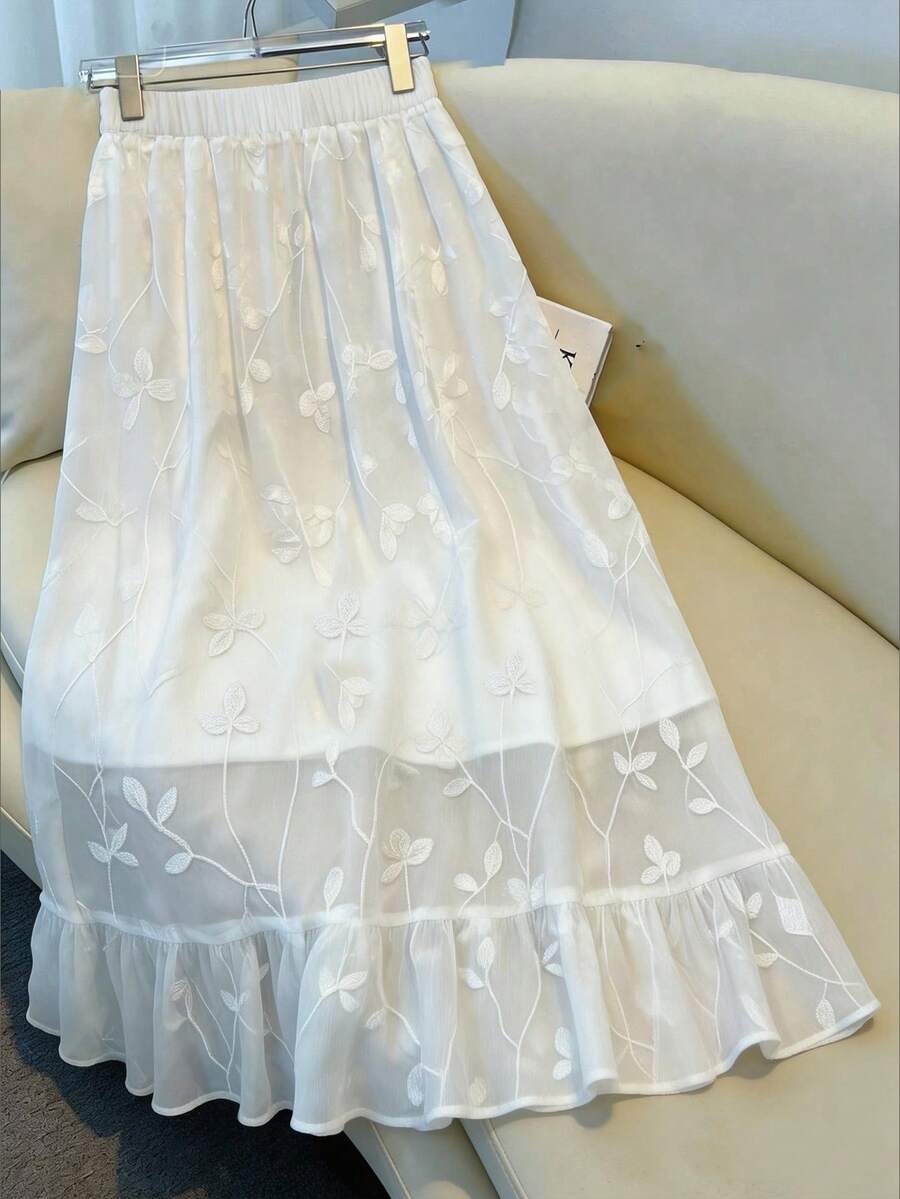 GlowEve 白色提花刺绣高腰A字蕾丝优雅女裙 - 白色 - 查看 1