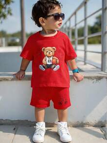 Baby Boy 2pcs/Set Casual Round Neck Short Sleeve Shorts Suit,Red,Summer,Cute,Beach,Pastel Colors For Kids,Bikercore,Family Trip,I Love Mommy & Daddy - Red - View 4