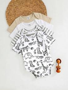 4pcs/Set Cute Knitted Cartoon Giraffe, Rabbit, Tiger, Crocodile Pattern Elastic Striped Short Sleeve Bodysuits, Basic Rompers Multi-Pack For Baby Boys And Girls,Kids - Multicolor - View 6